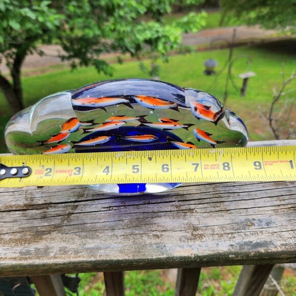 Vintage Art Glass Paperweight With School Of Orange Fish Swimming In Cobalt Blue - Picture 1 of 10